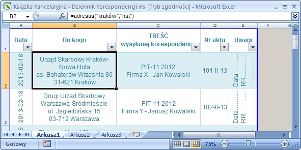 przykad 2 - adresy Urzdw Skarbowych Krakw Warszawa - formua w Excel - nadawcza ksika kancelaryjna