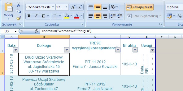 przykad 3 - adresy Urzdw Skarbowych Krakw Warszawa - formua w Excel