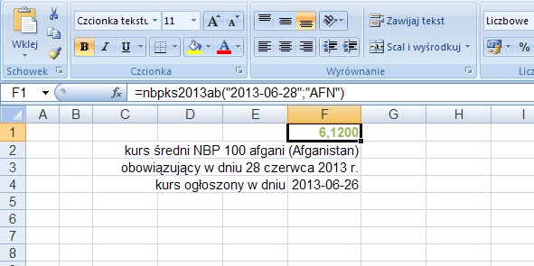 przykad 1 - kurs redni waluty obcej wg tabel A i B ogaszanych przez NBP - formua w Excel