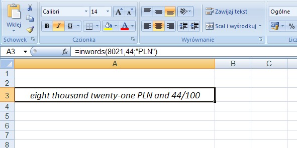 Example 1 - the amount in words in English - a formula in Excel