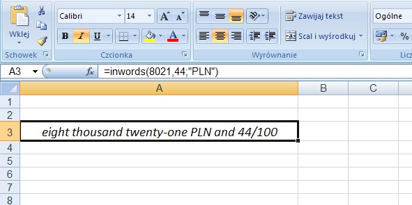 przykad 1 - kwota sownie po angielsku - formua w Excel