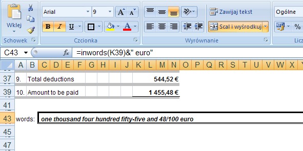 Example 2 - the amount in words in English - a function in Excel