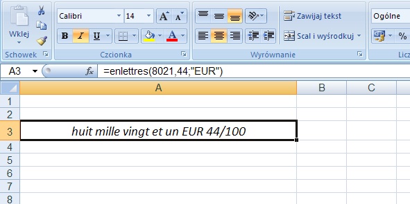 przykad 1 - kwota sownie po francusku - formua w Excel