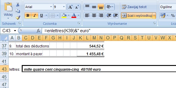 przykad 2 - kwota sownie po francusku - formua w Excel
