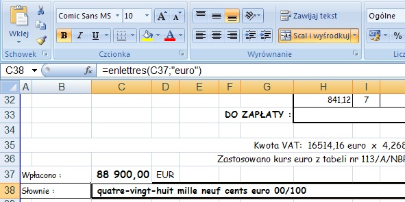 przykad 3 - kwota sownie po francusku - formua w Excel