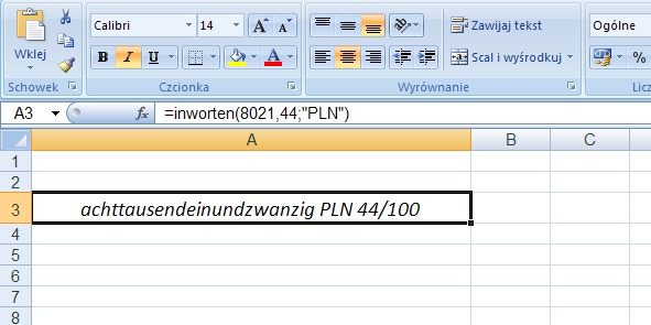 przykad 1 - kwota sownie po niemiecku - formua w Excel