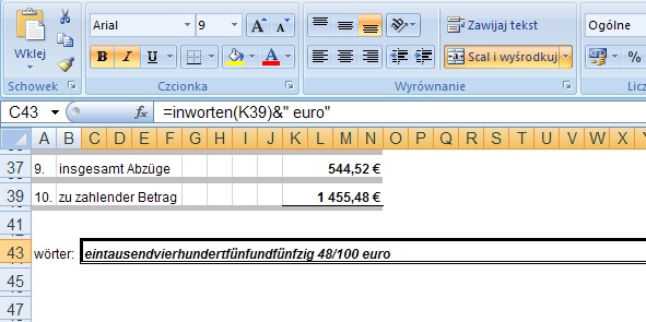 przykad 2 - kwota sownie po niemiecku - formua w Excel