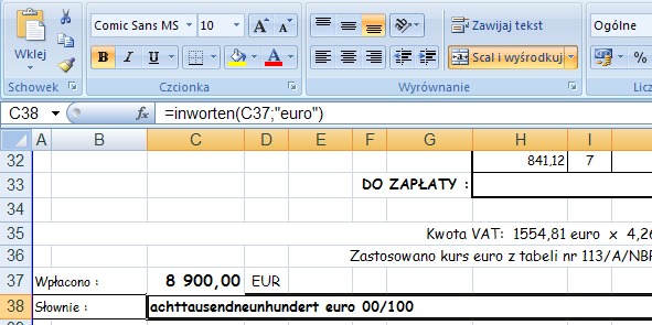 przykad 3 - kwota sownie po niemiecku - formua w Excel