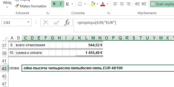 przykad 2 - kwota sownie po rosyjsku - formua w Excel