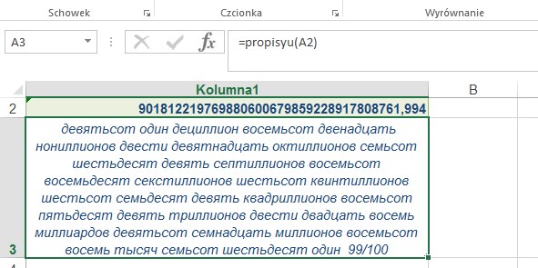 przykad 4 - kwota sownie po rosyjsku - formua w Excel