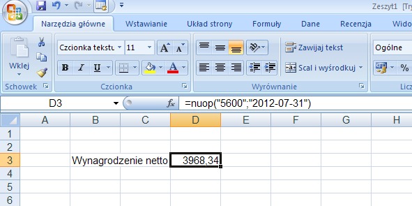 przykad 1 - netto/brutto umowa o prac (kalkulator wynagrodze) - obliczanie w Excel - dane bezporedniow formule