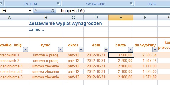 przykad 3 - netto/brutto umowa o prac (kalkulator wynagrodze) - obliczanie w Excel - dane w innych komrkach