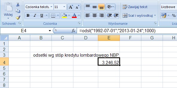 przykad 1 - odsetki lombardowe - obliczanie w Excel