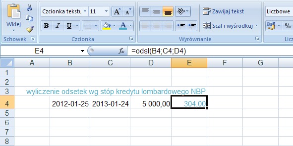 przykad 2 - odsetki lombardowe - obliczanie w Excel