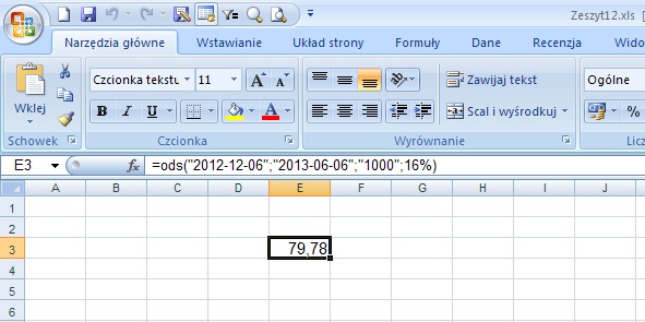 przykad 1 - odsetki umowne - obliczanie w Excel