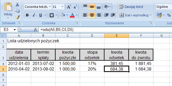 przykad 2 - odsetki umowne - obliczanie w Excel