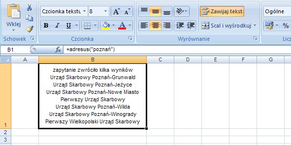 przykład 4 - adresy urzędów skarbowych - formuła w Excel