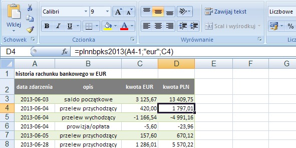 przykład 3 - kursy średnie NBP waluty obcych - formuła w Excel