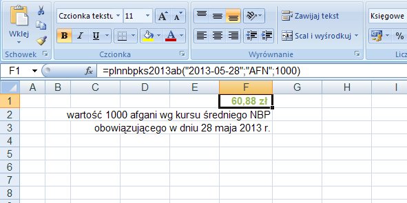 przykład 2 - kursy średnie NBP waluty obcych - formuła w Excel