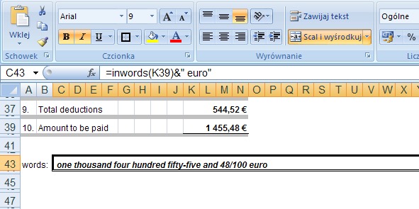 przykład 2 - kwota słownie po angielsku - formuła w Excel