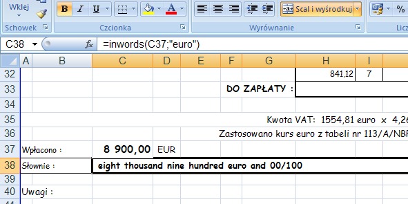 przykład 3 - kwota słownie po angielsku - formuła w Excel
