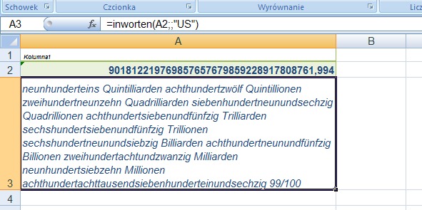 przykład 4 - kwota słownie po niemiecku - formuła w Excel