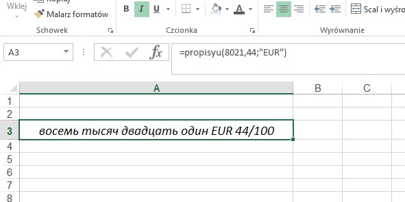 przykład 1 - kwota słownie po rosyjsku - formuła w Excel