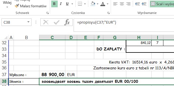 przykład 3 - kwota słownie po rosyjsku - formuła w Excel