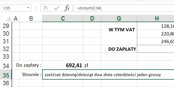 przykład 2 - słownie złotych na fakturze - formuła w Excel