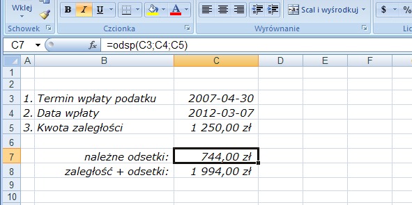 przykład 3 - odsetki podatkowe - obliczanie w Excel